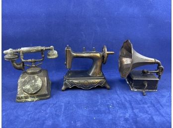 Vintage Lot #3 Of 3 Durham Industries Metal Die Cast Miniatures, Telephone, Vitrola, Sewing Machine
