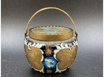 Vintage Round Enamel & Brass Trinket Box With Etched Handles China Asian Art Cloisonne