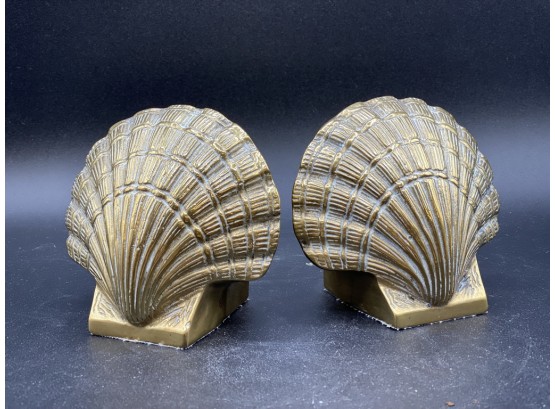 Vintage Sea Shell Clam Solid Brass Bookends Nautical Pair