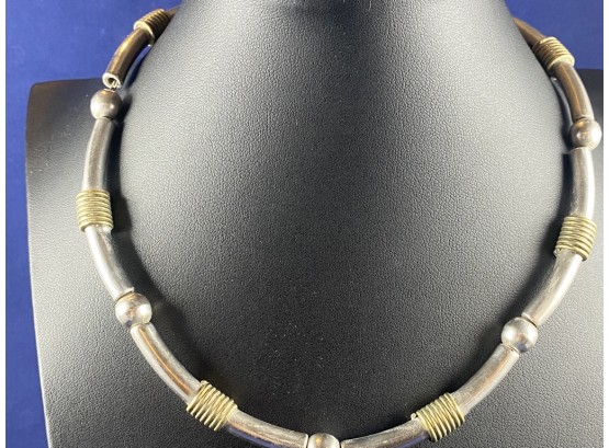 Sterling SIlver Necklace With Brass Accents, Made In Mexico, Signed TS-40
