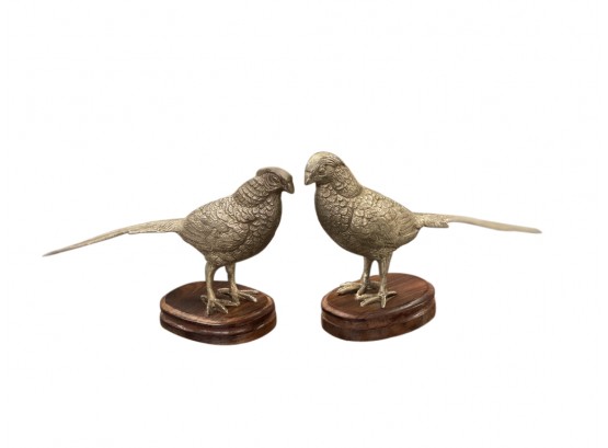 Pair Of White Brass? Pheasant Birds Mounted On Wood Base