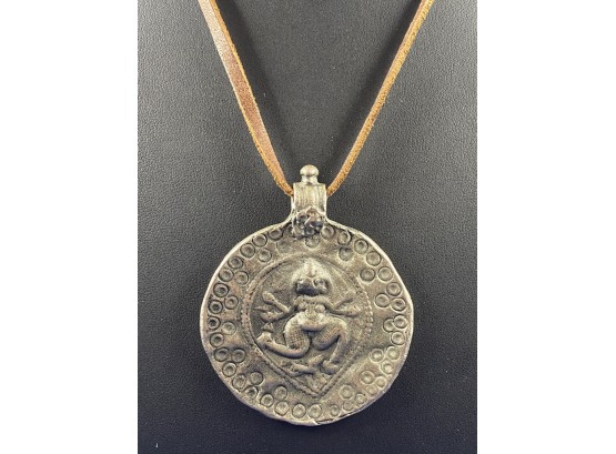 Pewter Or White Brass Large Shiva Pendant On Leather Strap