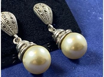 Sterling Silver Marcasite And Pearl Earrings
