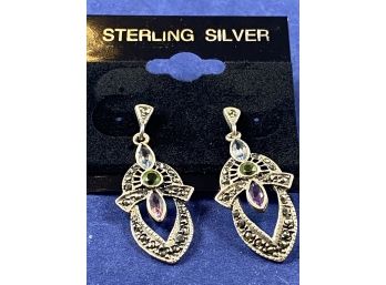 Sterling SIlver Marcasite, Peridot, Amethyst And Blue Topaz Earrings
