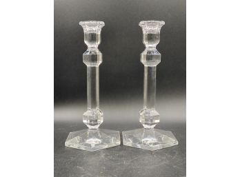 Val St Lambert Crystal Candlestick Holders From Belgium, Signed