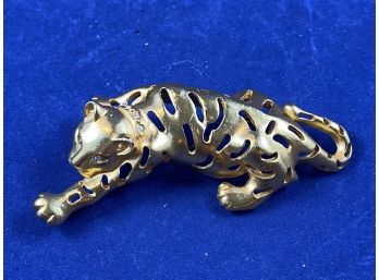 Vintage Panther Pin Brooch, Gold Tone Costume Jewelry With Rhinestones