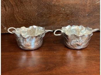 Antique Charming Pair Of Shiebler Redlich Sterling Small Silver Bowls With Handlesand Bug Leaf Pattern