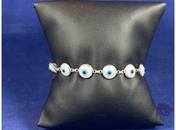 Sterling Silver Evil Eye Bracelet White & Blue, 7'