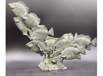 San Pacific International (SPI), Oxidized Copper Color Sculpture With School Of Fish