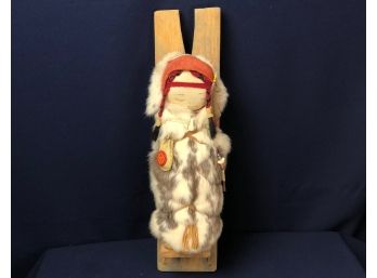 Native American Cradleboard & Suede Papoose Wrapped In Rabbit Fur