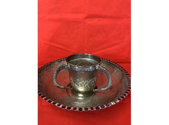 Silver Vintage Handmade Hebrew Jewish Netilat Yadayim Washing Lavel Cup And Bowl