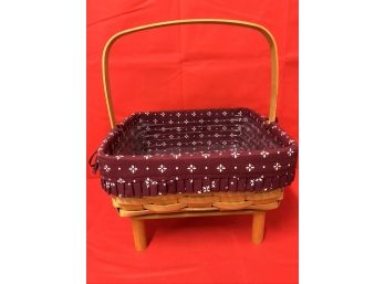 Longaberger Handwoven Basket, With Stand, Burgandy Fabric, 1998
