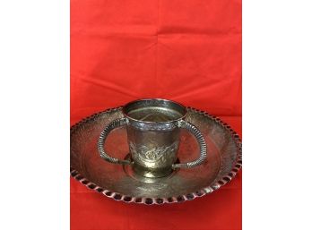 Silver Vintage Handmade Hebrew Jewish Netilat Yadayim Washing Lavel Cup And Bowl