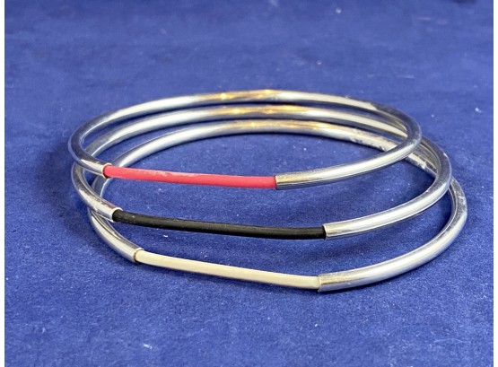 Trio Sterling Silver Bangle Bracelet  With  Color Connector, Red, Black And  White