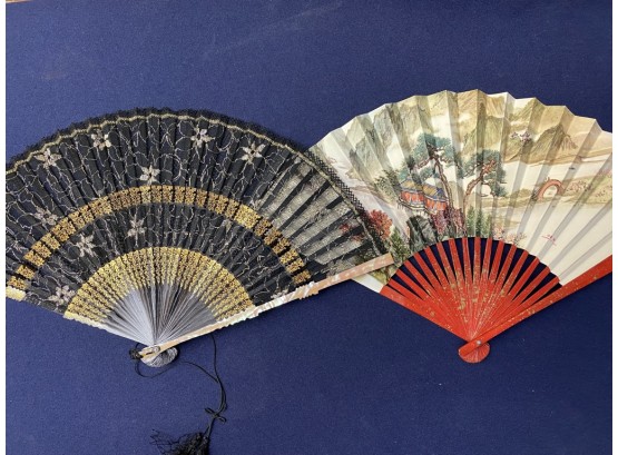 Pair Of Asian Fans, Mother Of Pearl And Lace  Wood And Paper
