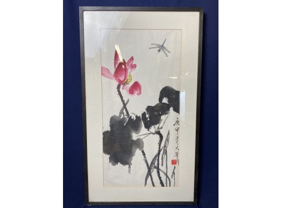Lotus Watercolor, Asian Print Signed With Dragonflies, Artist Da Hua