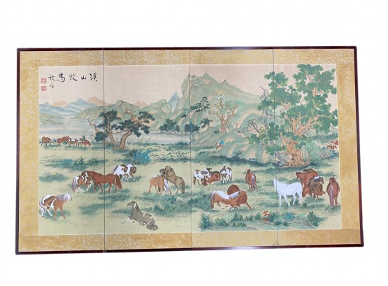 Four Panel Screen Asian Print Of Horses In Valley, Hand Painted On Silk