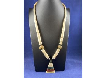 Shell Necklace With Stone Inlay Triangle Pendant And Polished Stone Bear Fetishes