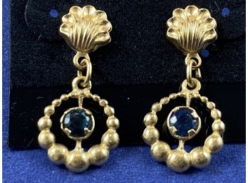 14K Yellow Gold Shell Pierced Earrings With Sapphire, Vintage