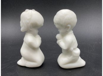 Fenton Satin Custard Type Glass Praying Boy & Girl Figurines