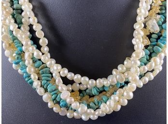 7 Strand Necklace With Pearl, Turquoise And Quartz, Adjustable