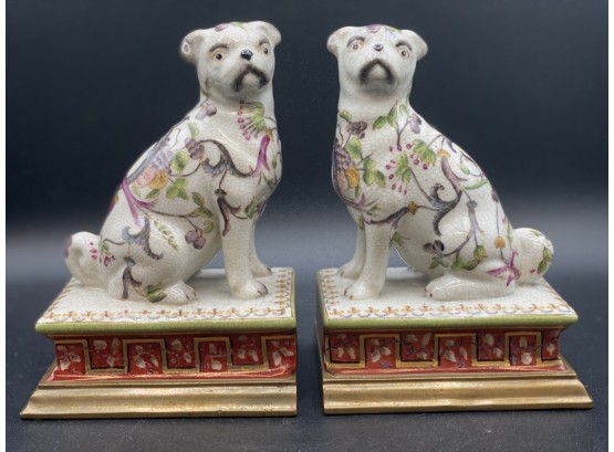 Pug Ceramic Bookends On Brass Base, Pair