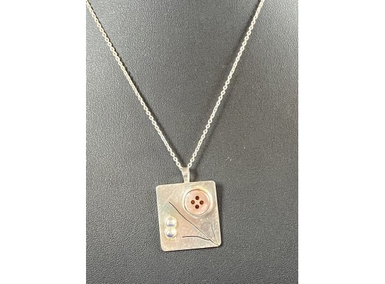 Sterling Silver Necklace And Unique Hand Made Pendant With Button, 16'