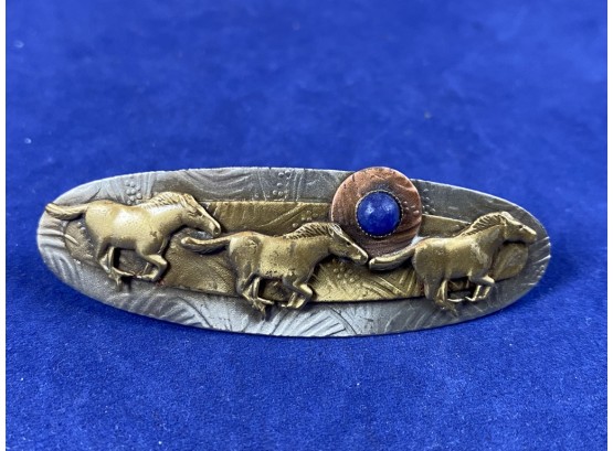 French Copper And Brass Horse Barrette With Lapis Sun