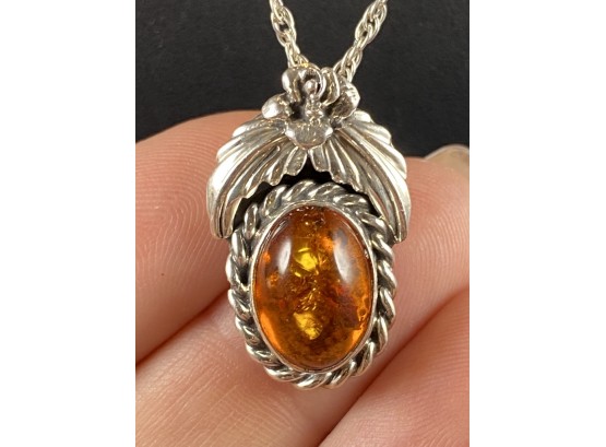 Sterling Silver Amber Pendant, On 18'  Chain, Signed