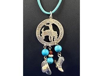 Sterling SIlver Cowboy Charm Necklace On Leather Strap
