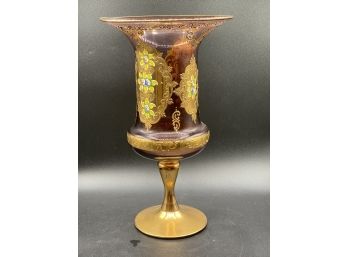 Murano, Glass Footed Vase, 24K Gold Leaf And Hand Painted - Red