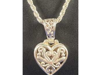 Sterling Silver Ornate Heart Pendant On Rope Chain, 18'