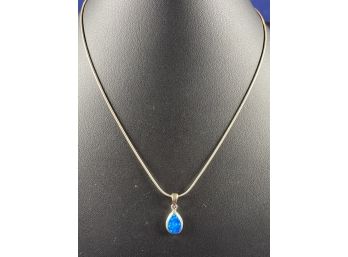 Sterling Silver Snake Chain And Blue Opal Pendant, 16'