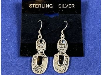 Sterling SIlver And Black Onyx Dangle Pierced Earrings