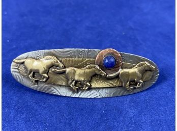 French Copper And Brass Horse Barrette With Lapis Sun