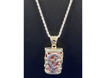 Sterling Silver Ornate Pendant Over Pink Natural Stone On Rope Chain, 24'