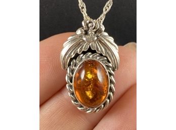 Sterling Silver Amber Pendant, On 18'  Chain, Signed