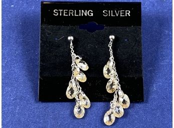 Sterling Silver & Soft Pink Crystal Dangle Pierced Earrings