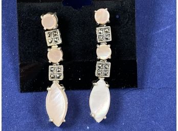Sterling SIlver Pink Mother Of Pearl And Marcasite Dangle  Pierced Earrings