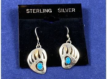 Sterling SIlver Turquoise Dangle  Pierced Earrings, Bear Paw