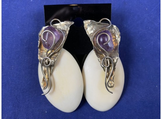 Handcrafted Silver, Amethyst And Bone Pierced Earrings