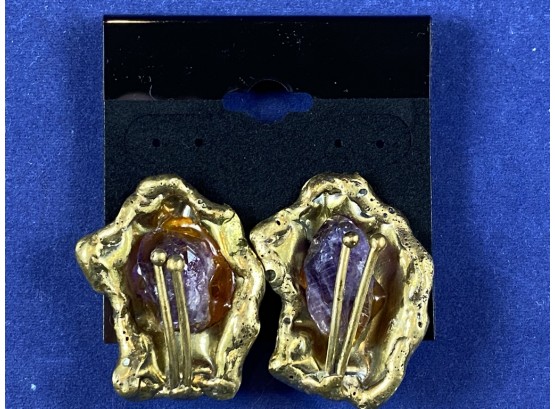 Handcrafted Brass And Natural Amethyst Clip On Earrings