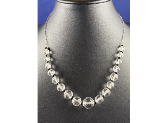 Vintage Sterling Silver Necklace With Graduated Crystal And Onyx