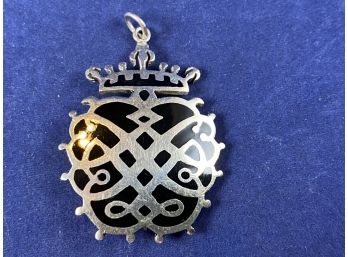 Vintage Sterling Silver Ornate Pin With Black Enamel Brooch Or Pendant