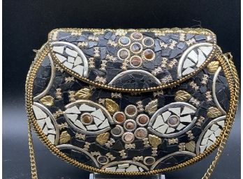 Ornate Hard Shell Vintage Purse With Gold Silver And Natural Stone Embellishments