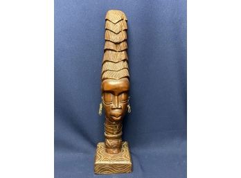 African Wooden Carved Bust Woman With Gold Jewelry Accents