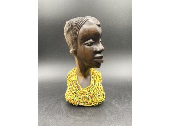 African Wooden Carved Bust Beaded Woman