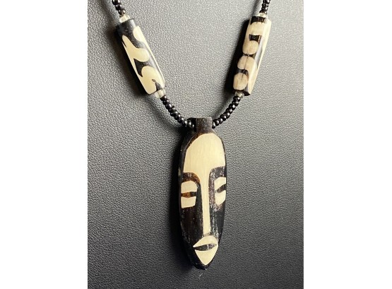 Tribal Mask Cow Bone Pendant Necklace, Made In Kenya, 16'