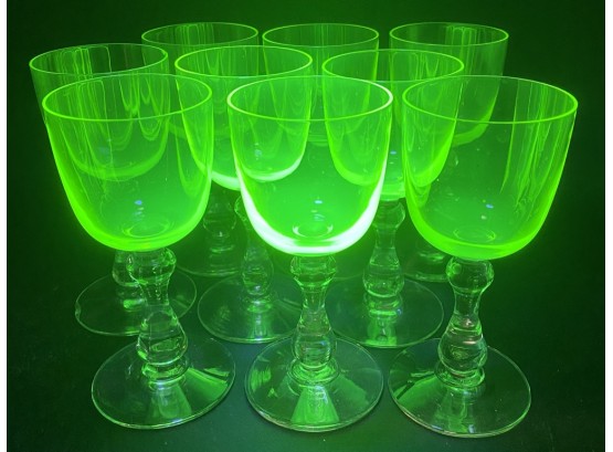 Glows Under Blacklight - Vintage Green Uranium Vaseline Wine Cordial Glasses, Set Of 9