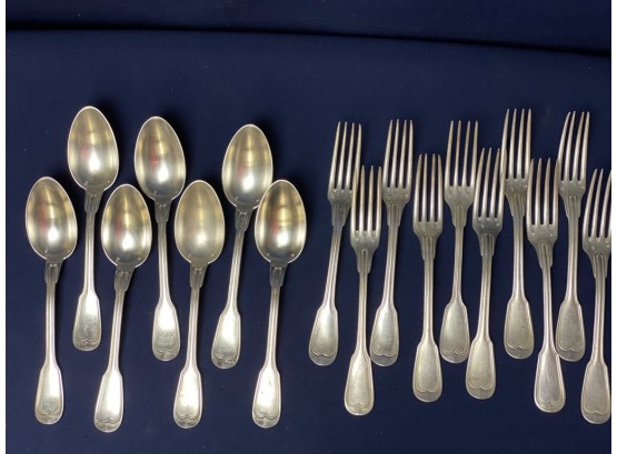 Antique French Silverplate Metal Blanc Flateware Set, 19 Pieces